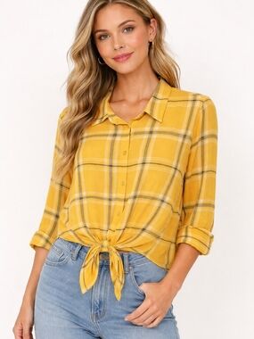 J for Justify Yellow Plaid Tie-Front Button-Up Blouse Size XL Long Sleeve Shirt